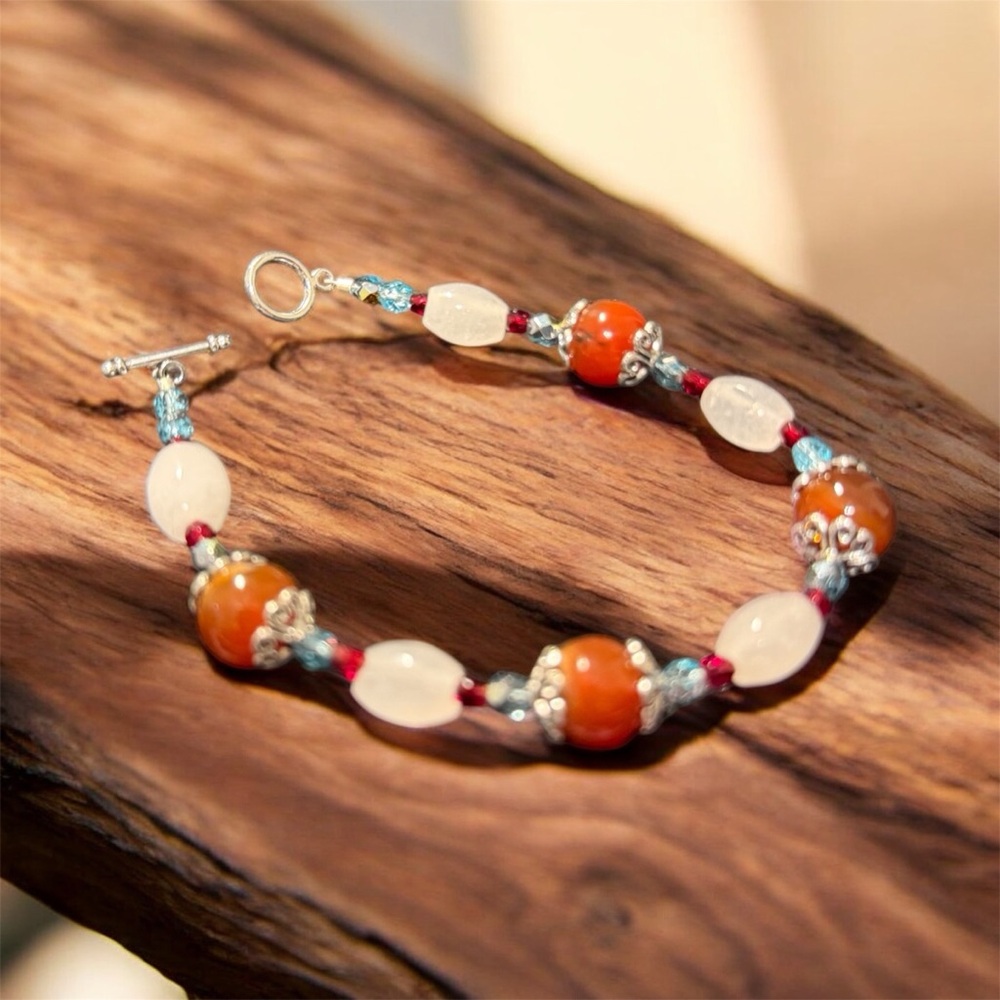 Handcrafted Quartz & Red Agate Beaded Bracelet - Picture 6 of 6